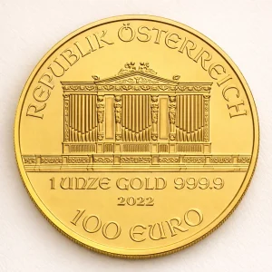 1oz Austrian Gold Philharmonic coin presented for a premium UK bullion product page